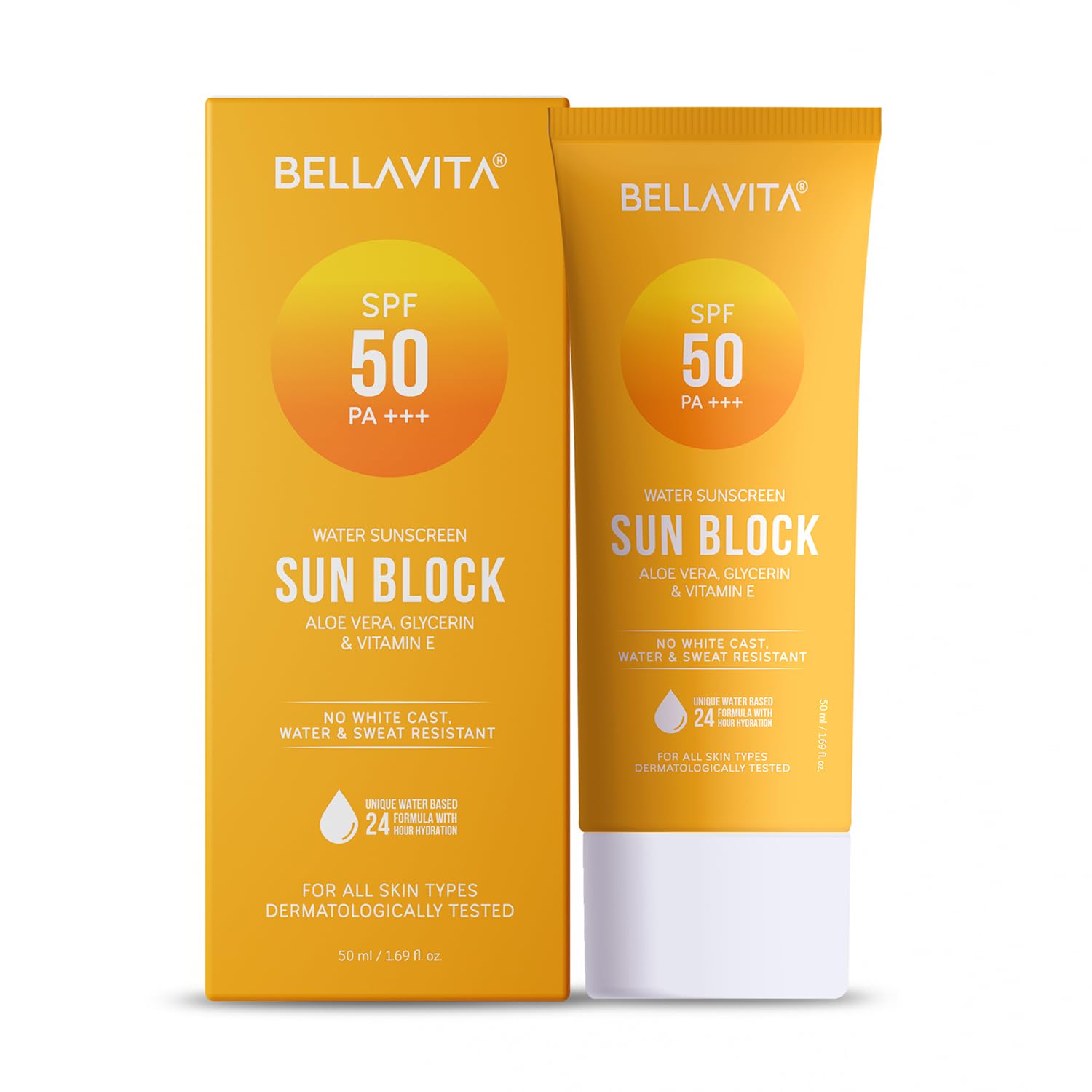 BELLAVITA Water based Hydrating Sunscreen, SPF 50, Lightweight, Photostable, PA+++, For All Skin Types, No White Cast, Non - Greasy Finish, UV Protection, Broad Spectrum, For Men & Women, 50ML - Vamzn#