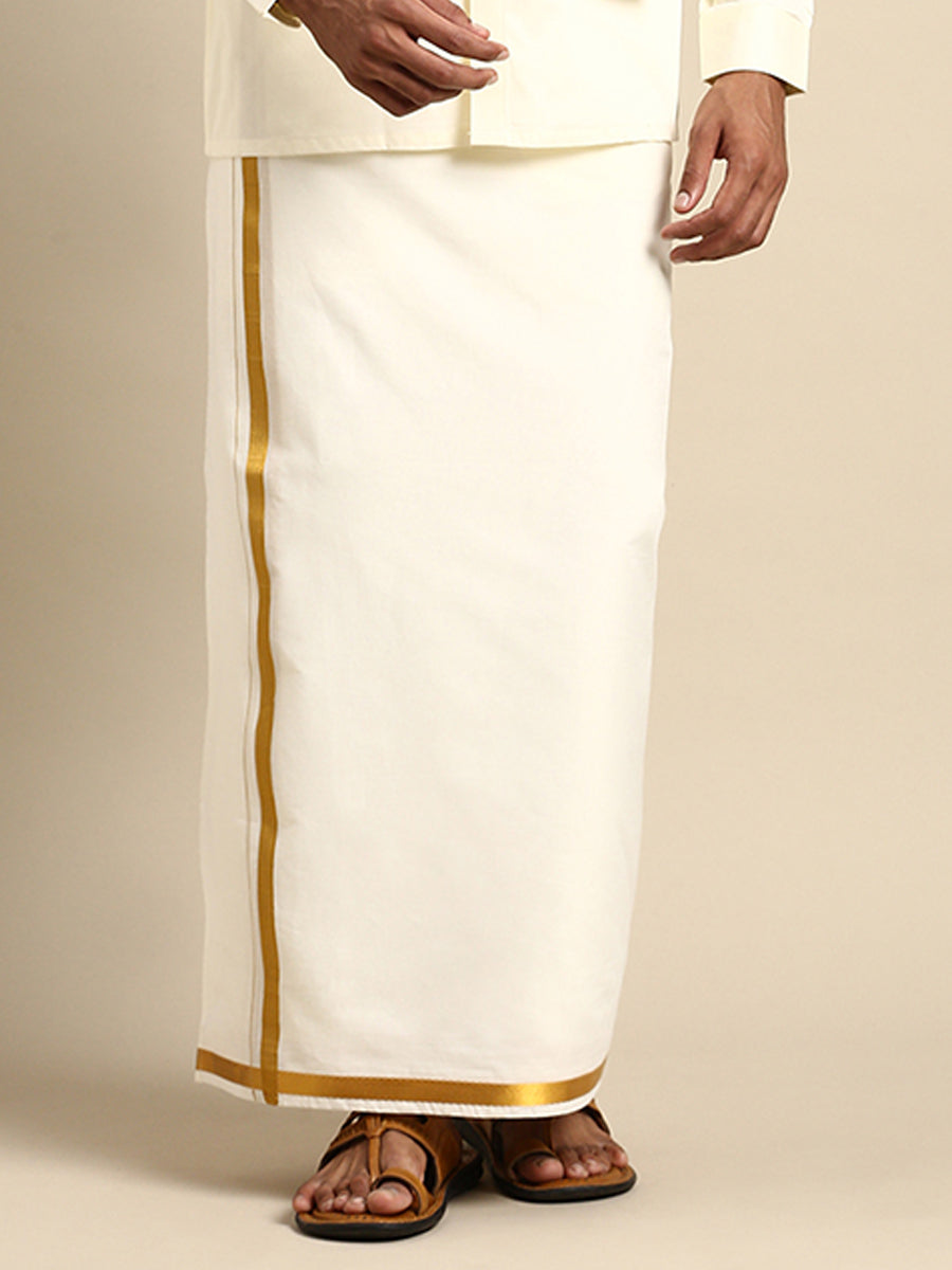 Men Wrinkle Free Single Dhoti Cream with Gold Jari 3/4" Silver Sun