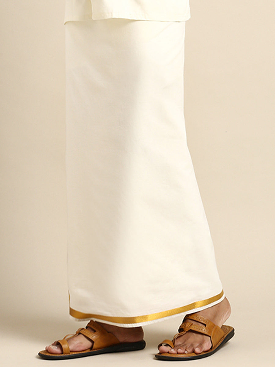 Men Wrinkle Free Single Dhoti Cream with Gold Jari 3/4" Silver Sun