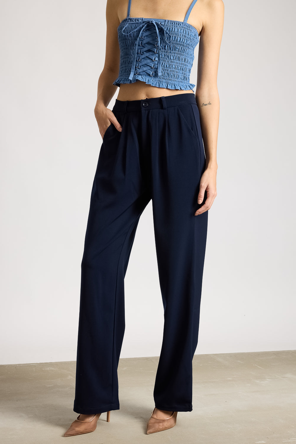 Women's Pleated Navy Blue Korean Pant