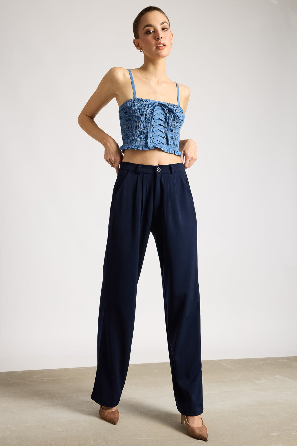 Women's Pleated Navy Blue Korean Pant