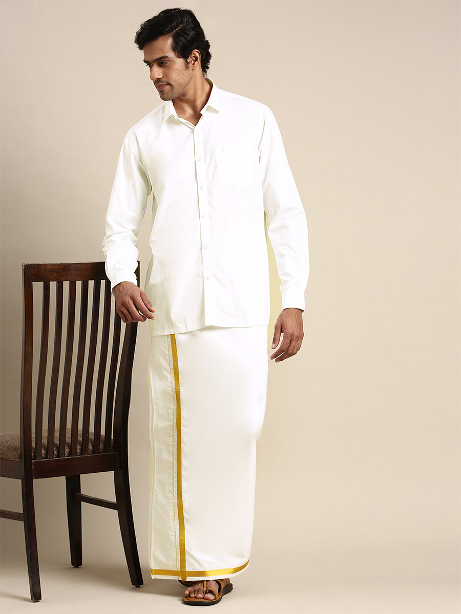 Men Wrinkle Free Single Dhoti Cream with Gold Jari 3/4" Silver Sun