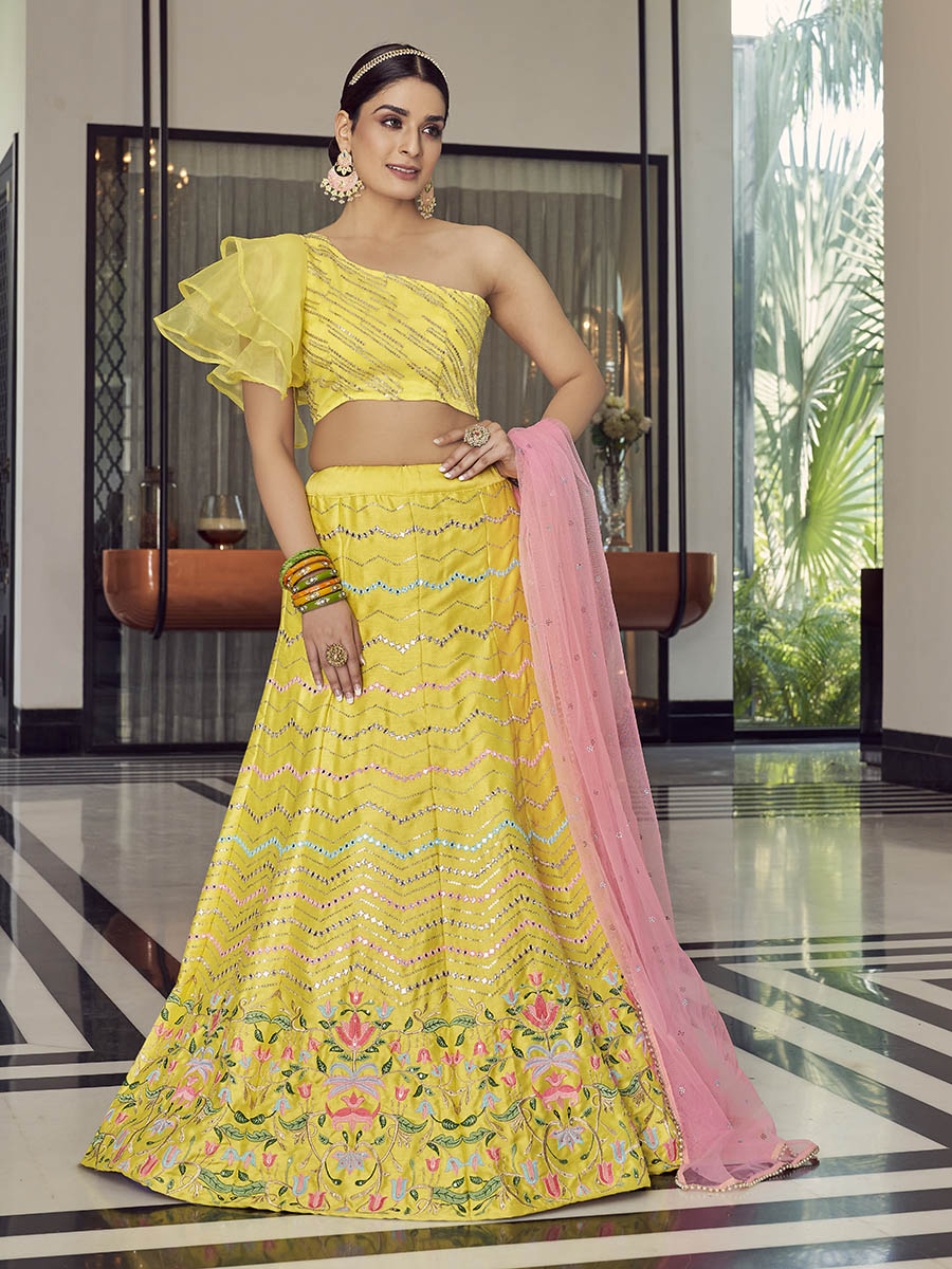 Yellow Art Silk Mirror Work Designer Lehenga