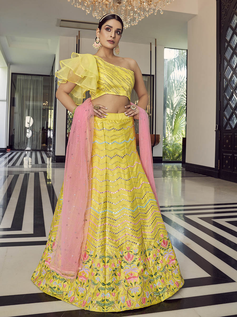 Yellow Art Silk Mirror Work Designer Lehenga