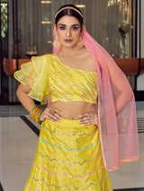 Yellow Art Silk Mirror Work Designer Lehenga