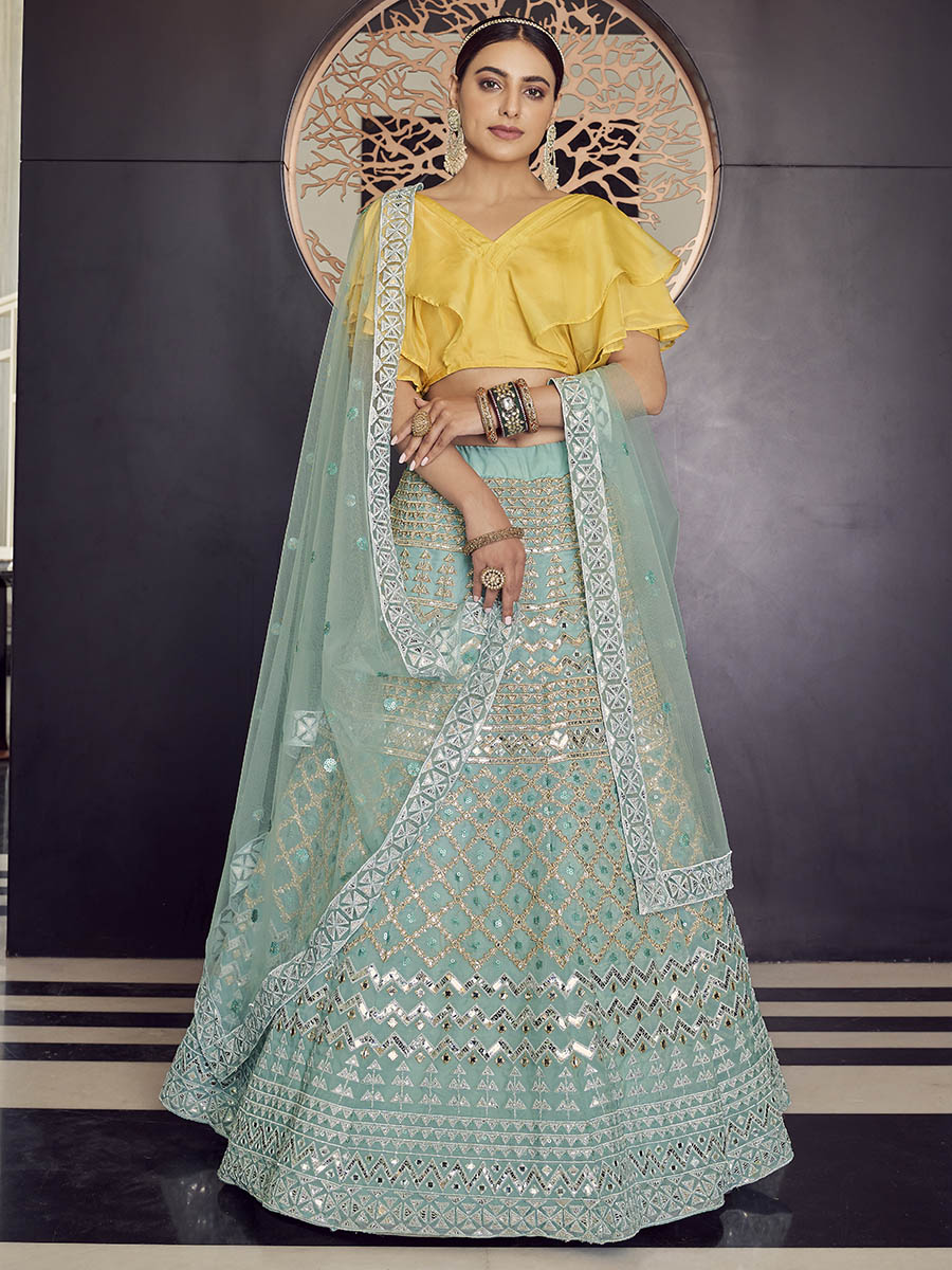 Turquoise Organza Embroidered Designer Lehenga