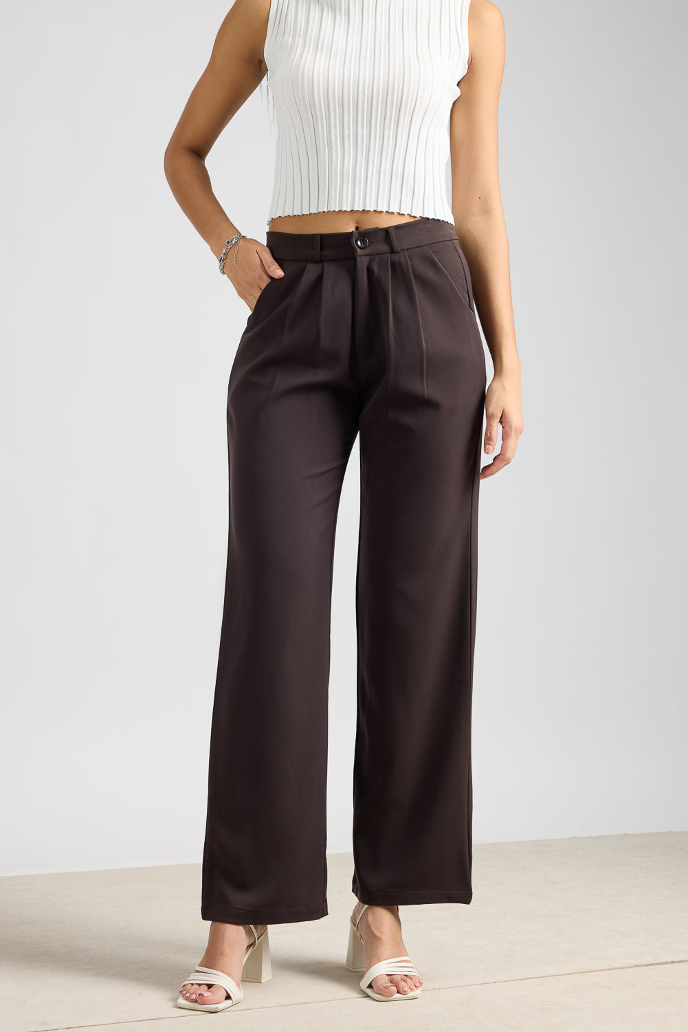 Women's Pleated Dark Brown Korean Pant