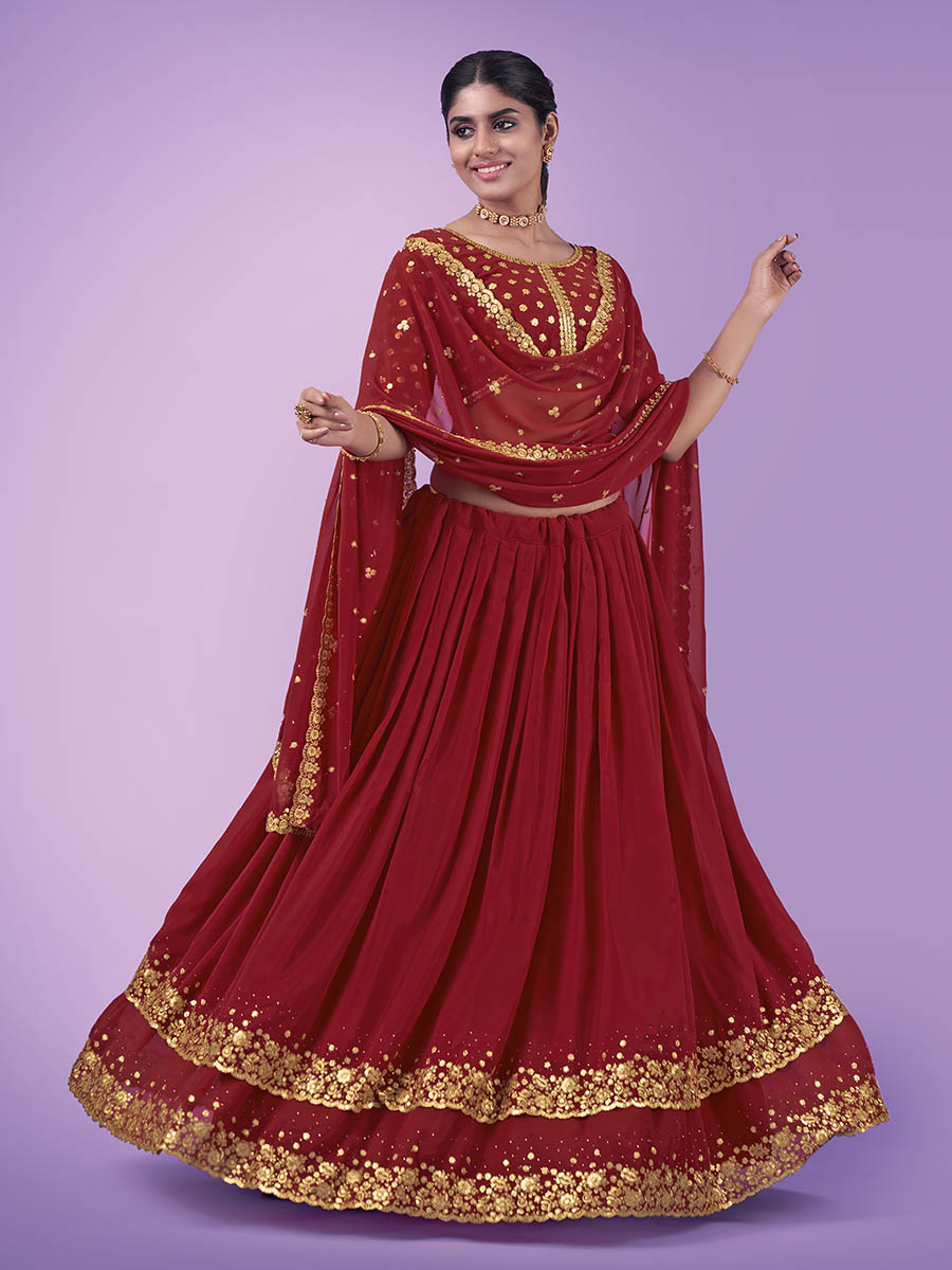 Red Georgette Embroidered Designer Lehenga