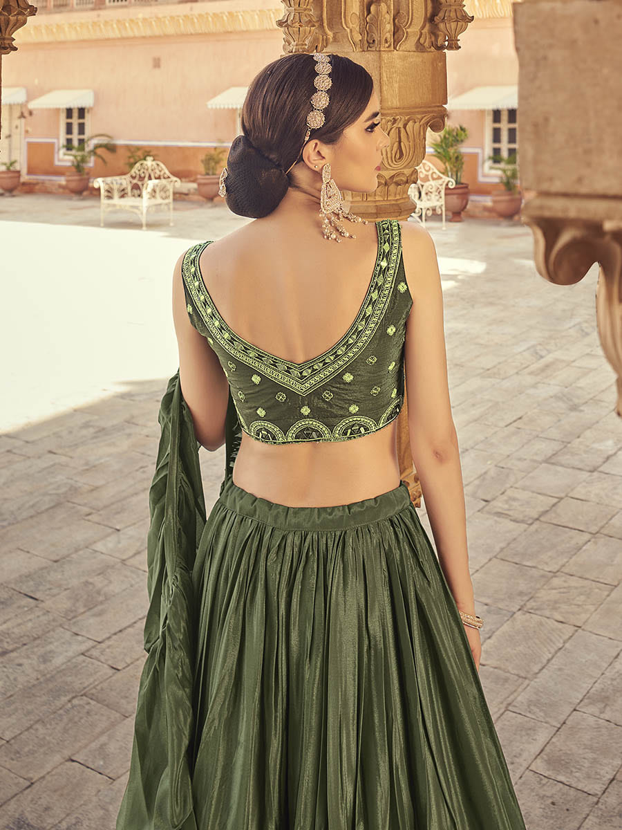 Olive Chinon & Art SIlk Embroidered Designer Lehenga Choli