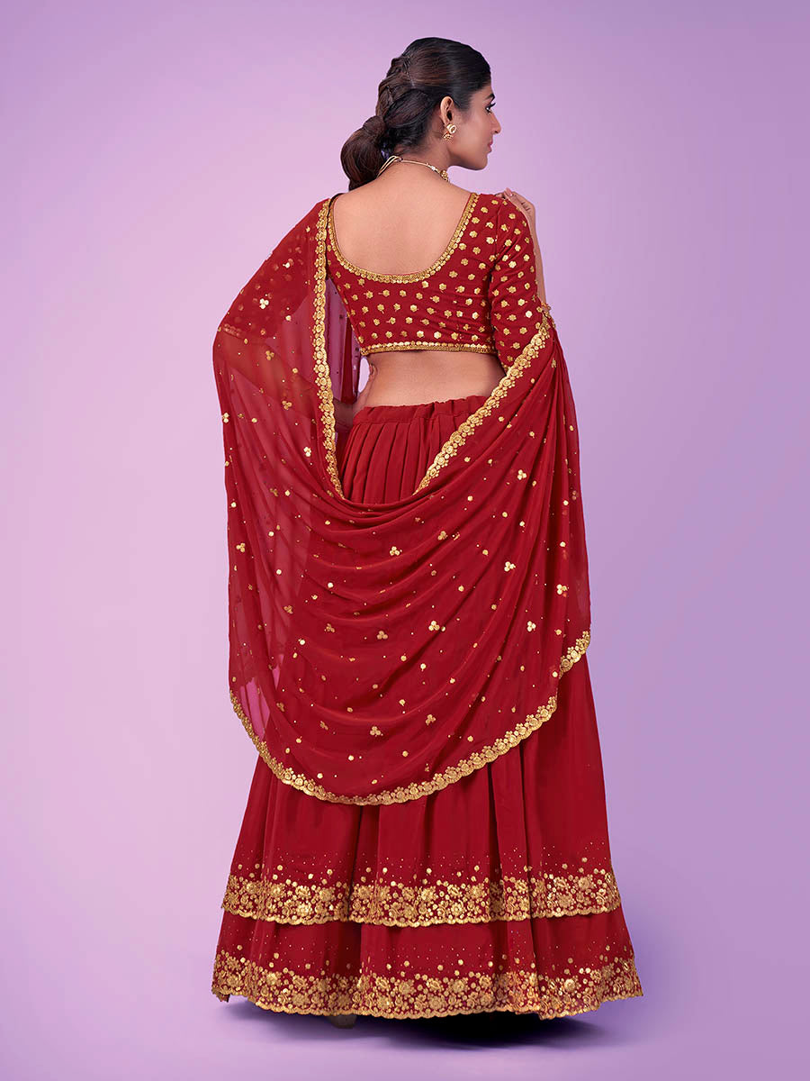 Red Georgette Embroidered Designer Lehenga