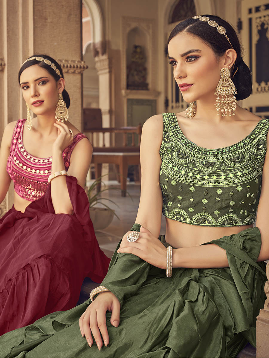 Olive Chinon & Art SIlk Embroidered Designer Lehenga Choli