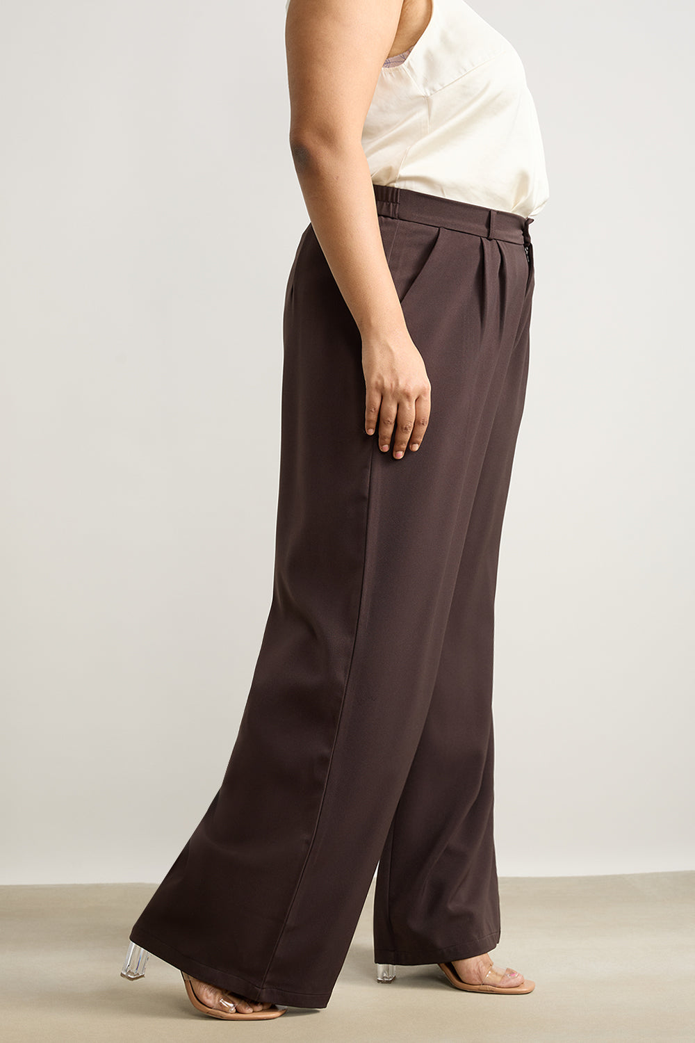 Women's Curve Pleated Dark Brown Korean Pant