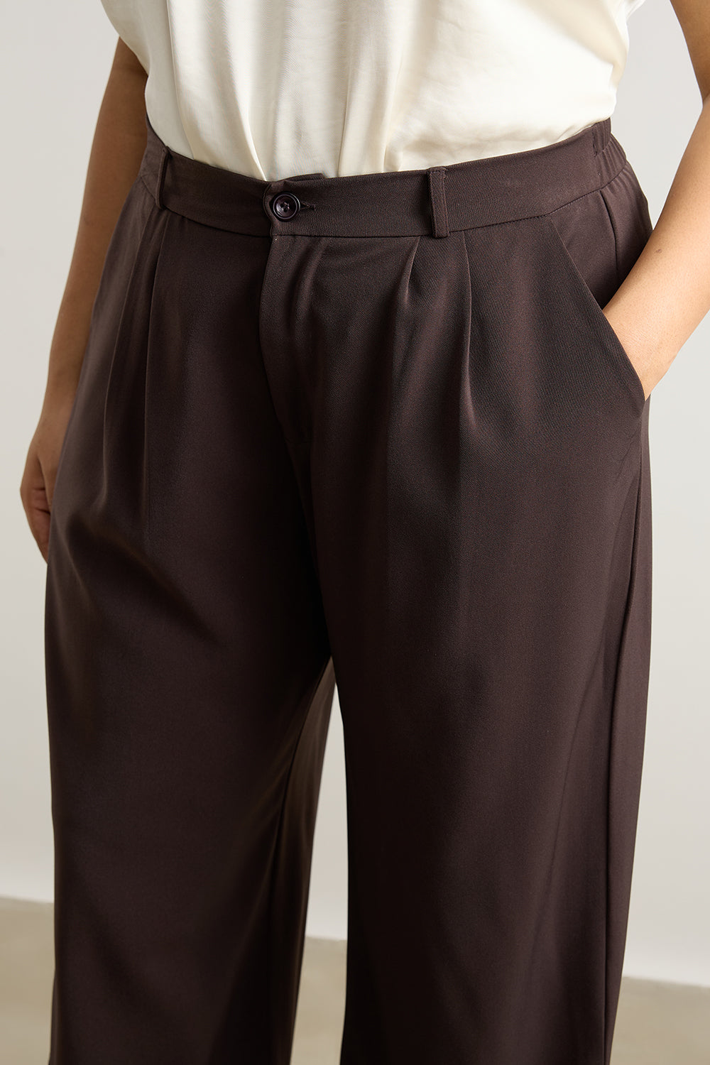 Women's Curve Pleated Dark Brown Korean Pant