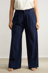 Women's Curve Pleated Navy Blue Korean Pant