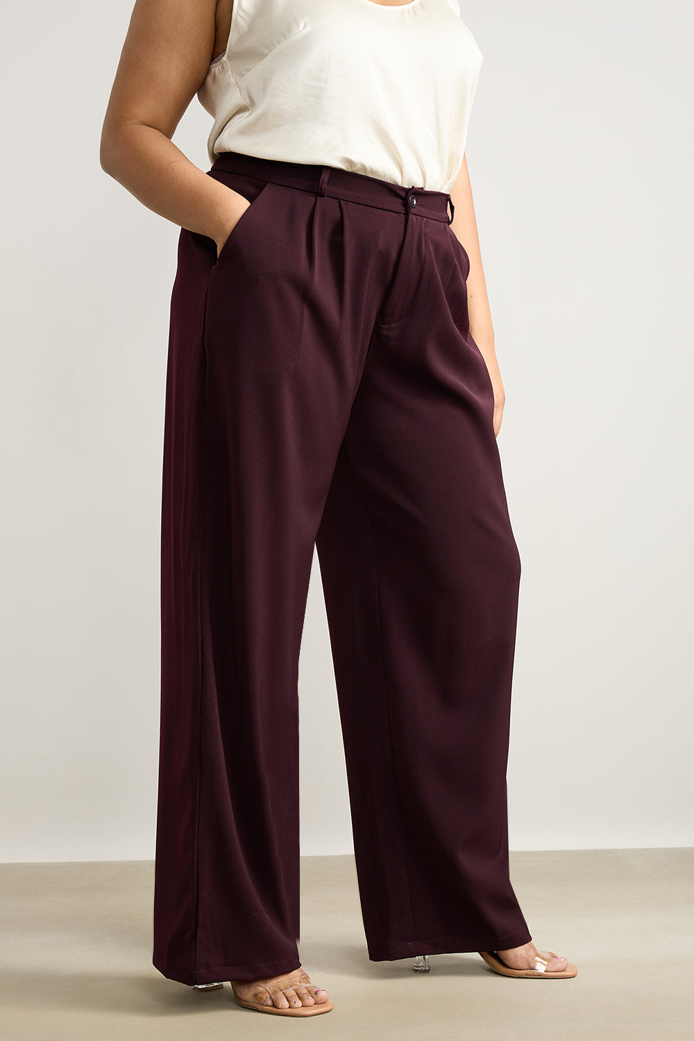 Women's Curve Pleated Burgundy Korean Pant