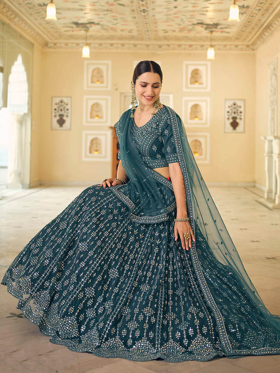 Rama Blue Soft Net Embroidered Lehenga