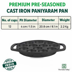 12 Pit/Cup CASTrong Cast Iron Paniyaram/Appe Pan, Pre - seasoned, Toxin - free, Free Cool Silicone Grip + Spatula, 21 cm, 2.2 kg - Vamzn#