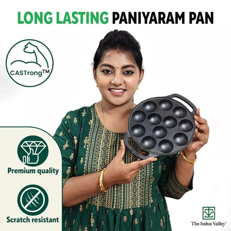 12 Pit/Cup CASTrong Cast Iron Paniyaram/Appe Pan, Pre - seasoned, Toxin - free, Free Cool Silicone Grip + Spatula, 21 cm, 2.2 kg - Vamzn#