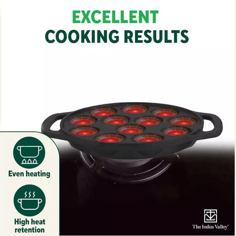 12 Pit/Cup CASTrong Cast Iron Paniyaram/Appe Pan, Pre - seasoned, Toxin - free, Free Cool Silicone Grip + Spatula, 21 cm, 2.2 kg - Vamzn#