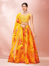 Yellow Art Silk Embroidered Mirror Work Lehenga