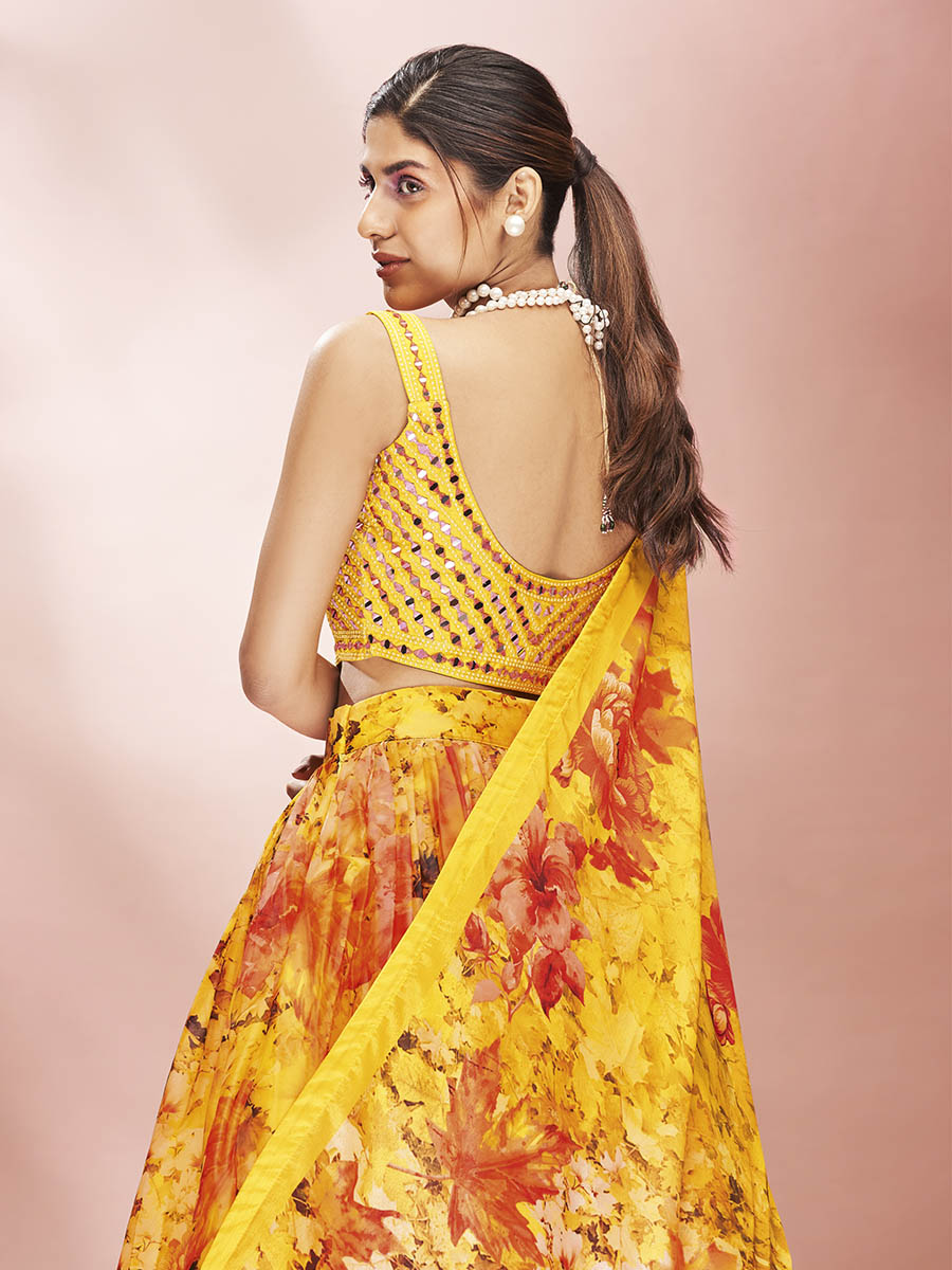 Yellow Art Silk Embroidered Mirror Work Lehenga