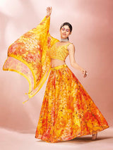 Yellow Art Silk Embroidered Mirror Work Lehenga