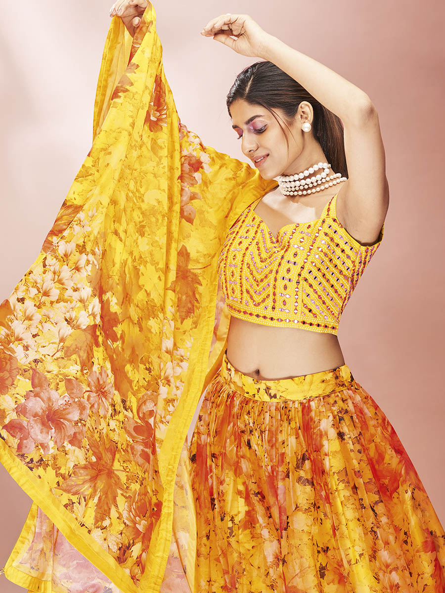 Yellow Art Silk Embroidered Mirror Work Lehenga