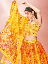 Yellow Art Silk Embroidered Mirror Work Lehenga