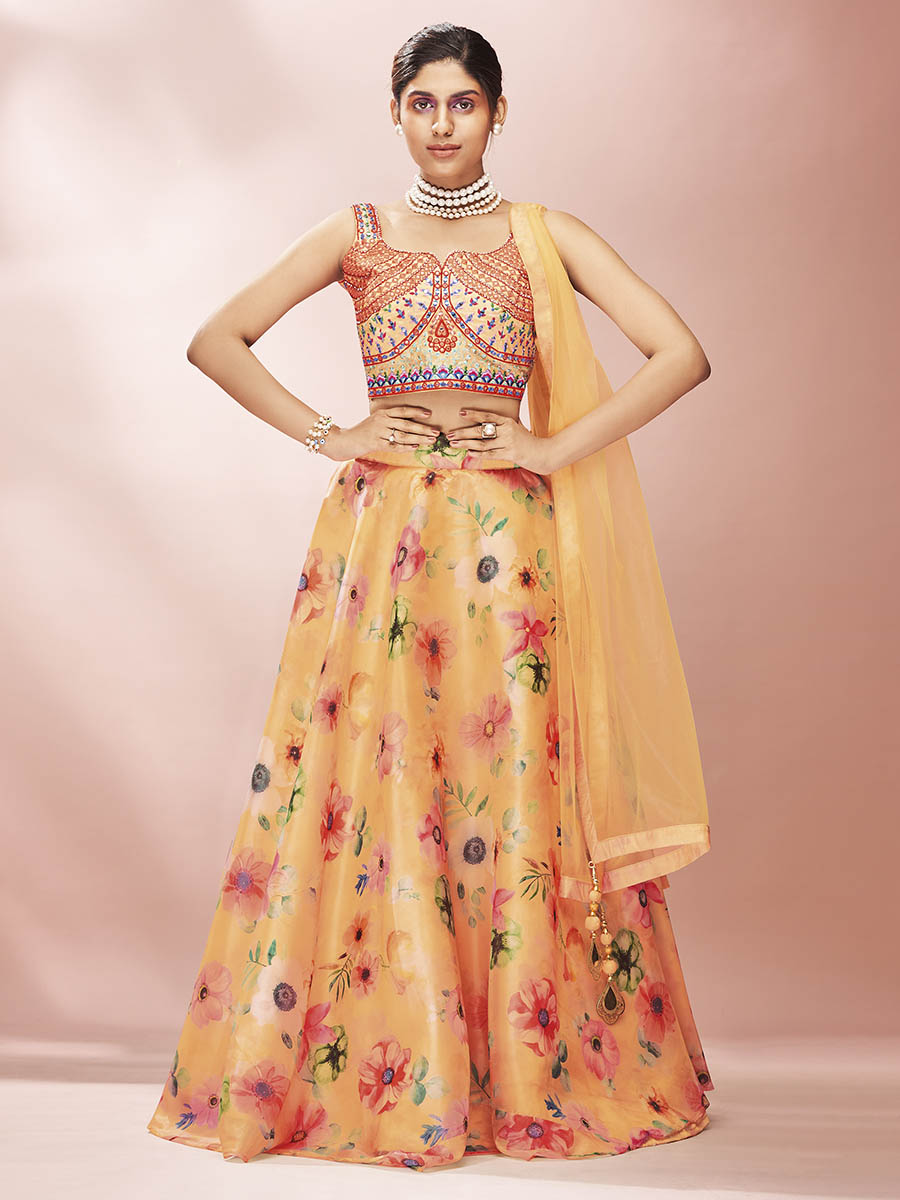 Mustard Art Silk Embroidered Mirror Work Lehenga