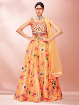 Mustard Art Silk Embroidered Mirror Work Lehenga