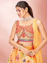 Mustard Art Silk Embroidered Mirror Work Lehenga