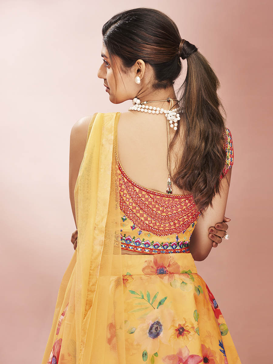 Mustard Art Silk Embroidered Mirror Work Lehenga