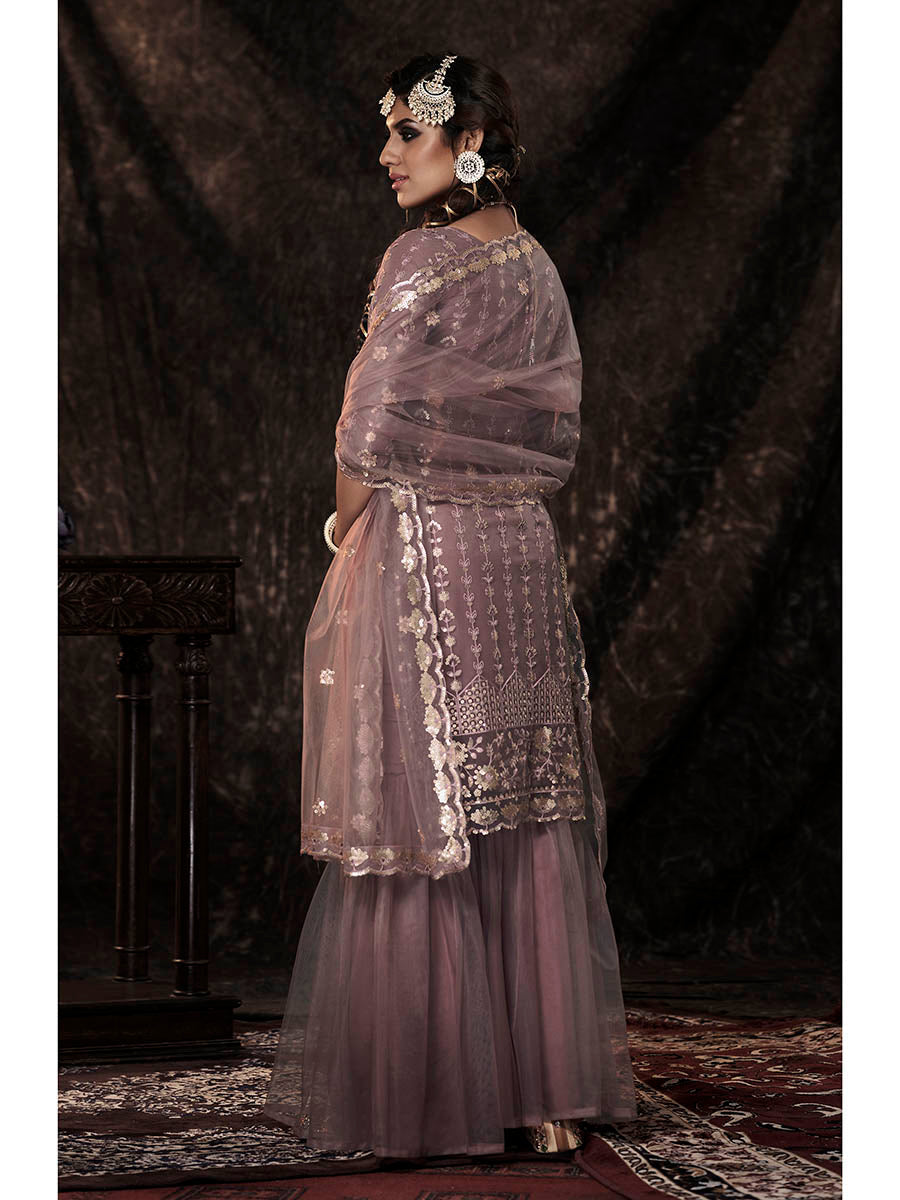 Lilac Net Embroidered Sharara Suit