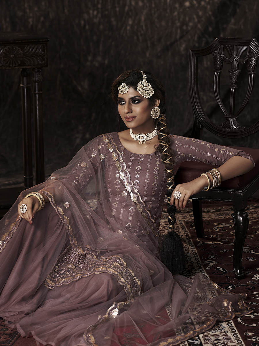 Lilac Net Embroidered Sharara Suit