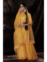 Mustard Net Embroidered Sharara Suit