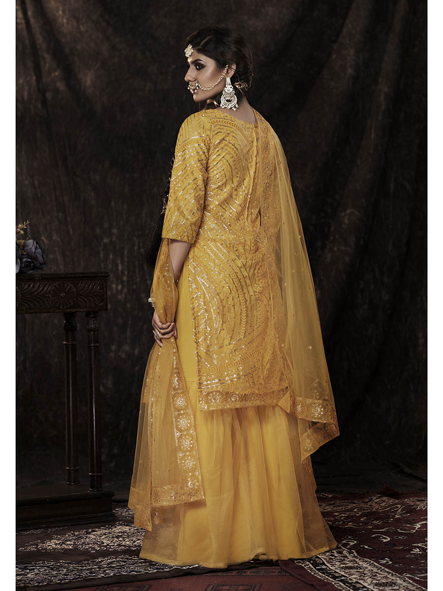 Mustard Net Embroidered Sharara Suit