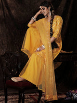 Mustard Net Embroidered Sharara Suit