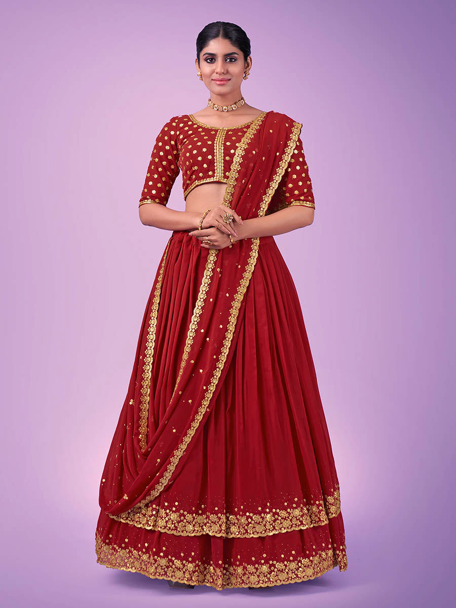 Red Georgette Embroidered Designer Lehenga