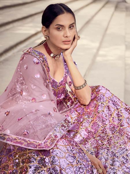 Lilac Soft Net Heavy Embroidered Lehenga