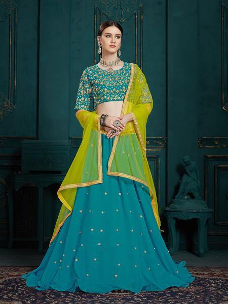 Peacock Blue Georgette Embroidered Lehenga