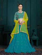 Peacock Blue Georgette Embroidered Lehenga