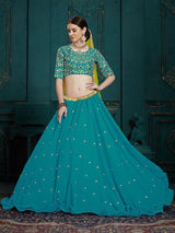 Peacock Blue Georgette Embroidered Lehenga