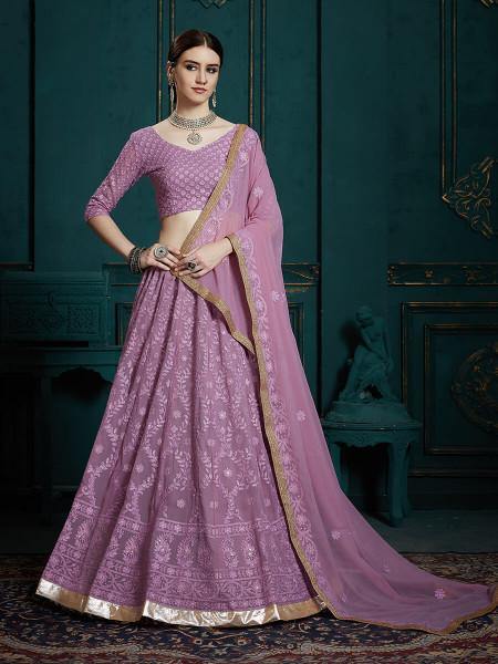 Lavender Georgette Embroidered Lehenga