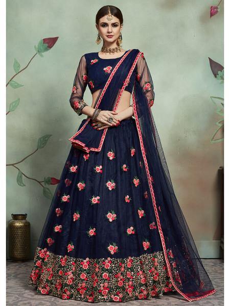 Navy Blue Soft Net Heavy Embroidered Lehenga