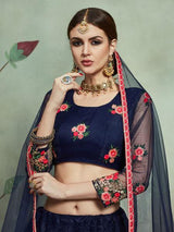 Navy Blue Soft Net Heavy Embroidered Lehenga