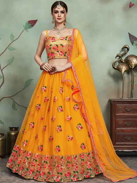 Musturd Soft Net Heavy Embroidered Lehenga