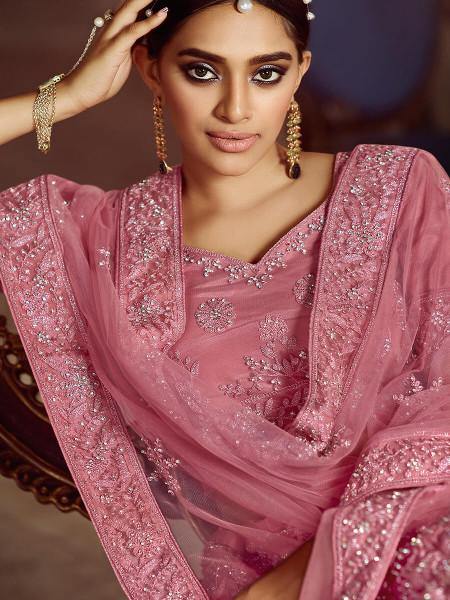 Pink Soft Net Heavy Embroidered Lehenga