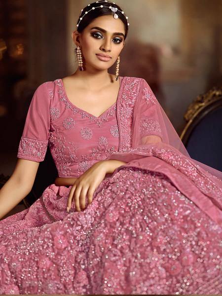 Pink Soft Net Heavy Embroidered Lehenga