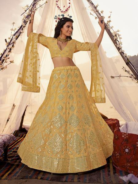 Musturd Yellow Embroidered Organza Lehenga