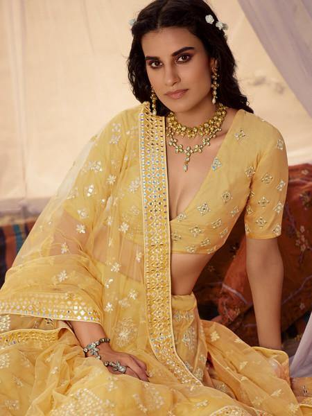 Musturd Yellow Embroidered Organza Lehenga